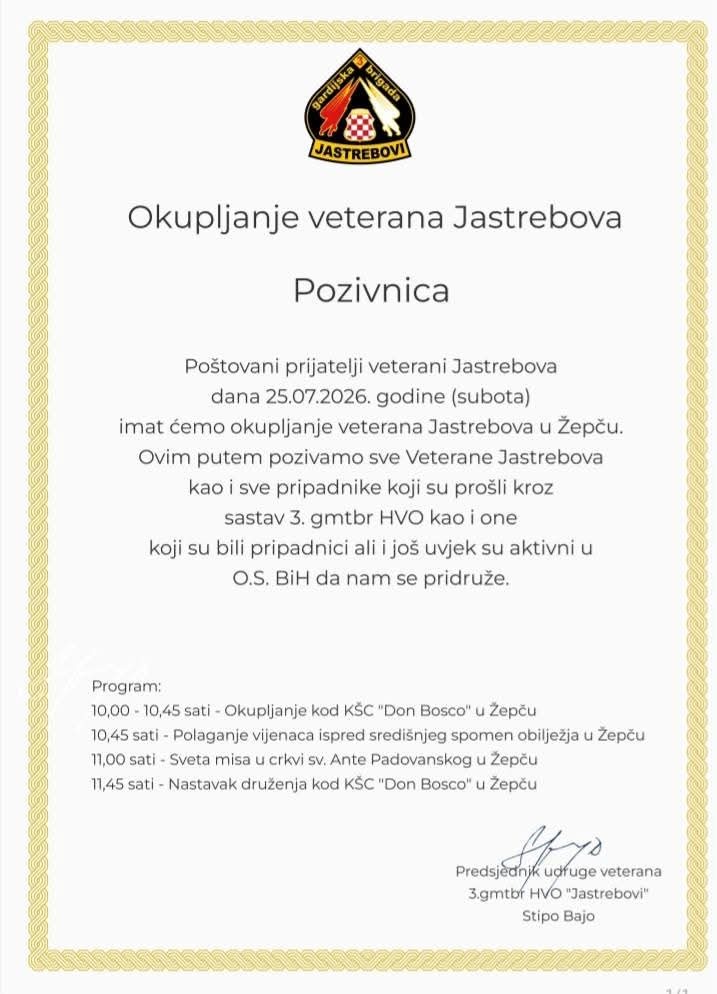 Okupljanje Veterana 3. gardijske motorizirane brigade HVO „Jastrebovi“ 25. srpnja u Žepču