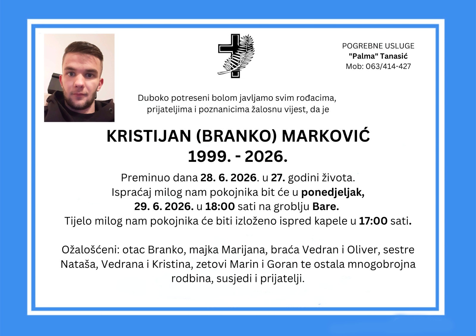 Danas u 18 sati posljednji ispraćaj Kristijana Markovića