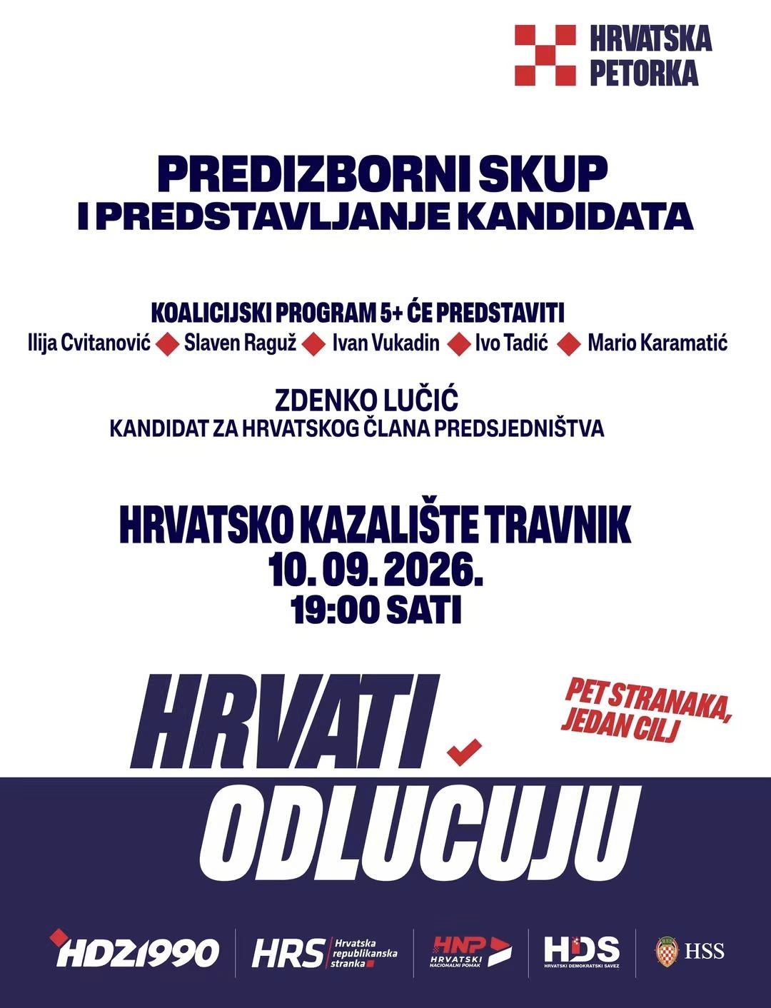 Hrvatska petorka 10. rujna u Travniku: Predizborni skup i predstavljanje koalicijskog programa