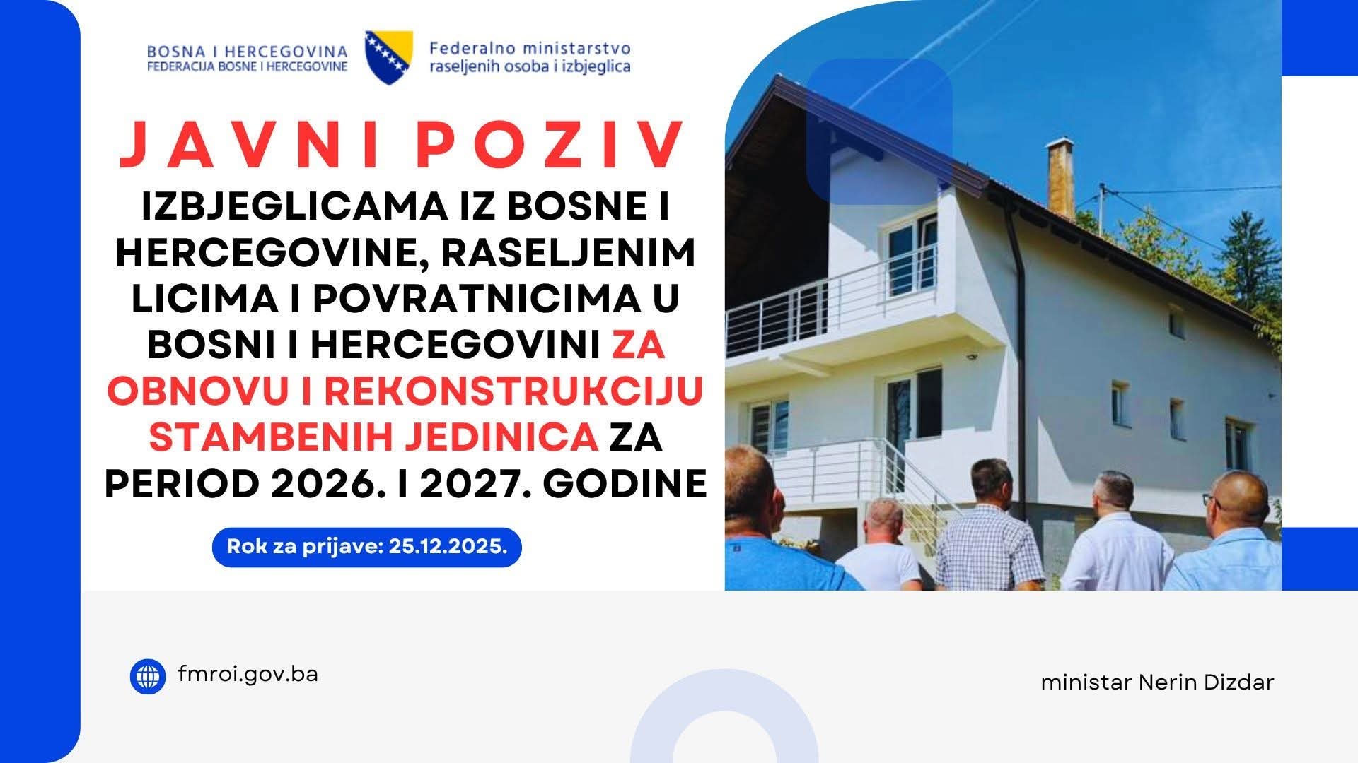 Javni poziv za obnovu domova izbjeglica, raseljenih osoba i povratnika